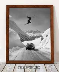 Skier Jumping Over Vintage Porsche Poster 18×24 Unframed Black & White Wall Art