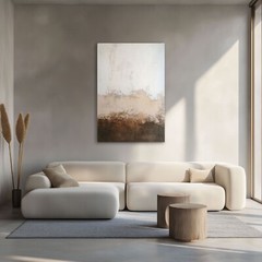 Modern Minimalist Taupe Brown Cream Painting Print on Framed Canvas Wall Art