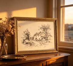 Vintage Gold Framed Sketch Cottage Canvas Wall Art,Retro Farmhouse Painting P…