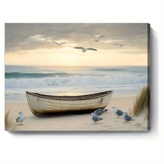 Coastal Beach Boat and Seagulls Canvas Wall Art, Nautical Home Decor