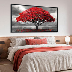 Modern Red Tree Wall Art – Framed Canvas for Living Room & Bedroom 29x58IN