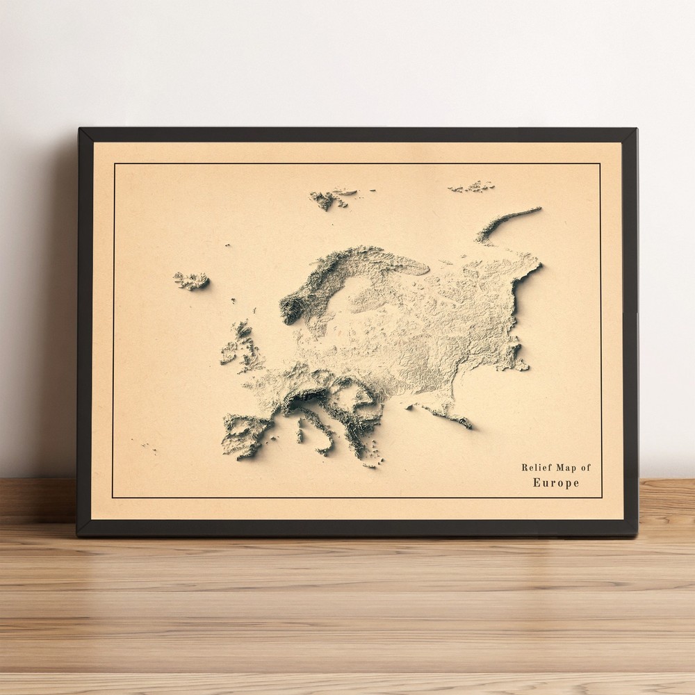 Europe Map, Europe 2D Relief Map, Europe Vintage Map – 2D Flat Print
