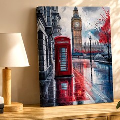 Wall Art London Big Ben Red Telephone Booth Rainy Street Cityscape Print Decor