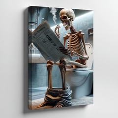 Skeleton Smoking Cigarette Reading Newspaper Toilet Humor Canvas Wall Art Print