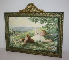 Vintage Carved Wood Framed Barefoot Boy Daydreaming Picture Print 13.5X11.5