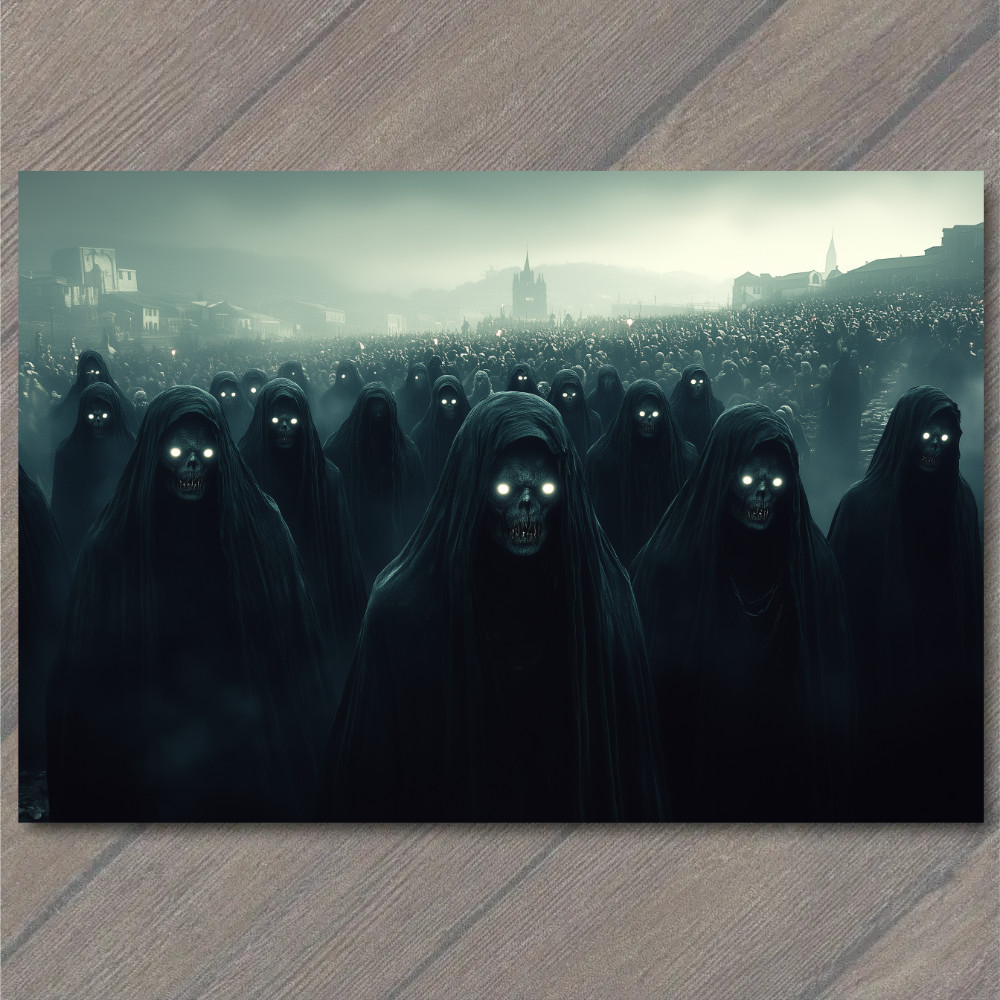 Art Print Glowing Skull Figures Hooded Crowd Foggy Horror Dystopian Army