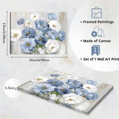 Framed Blue White Floral Wall Art, Watercolor Flower Canvas Picture for Bathroom