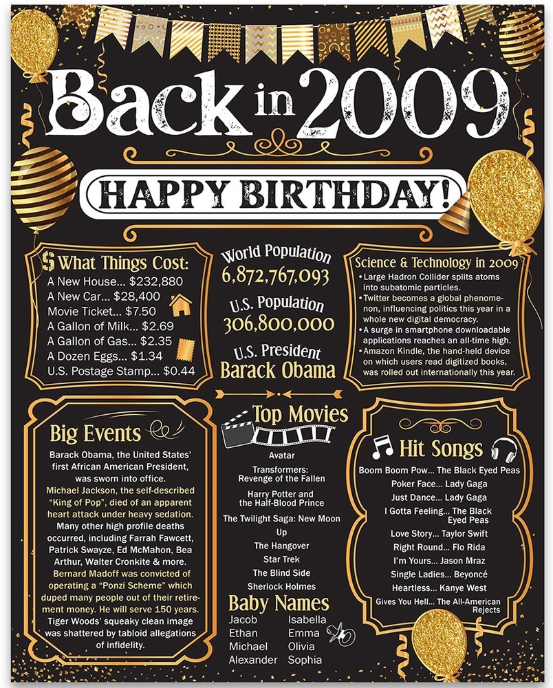 17th Birthday Decorations 2009 Back in 2009 Poster 11×14 Unframed Party Gift