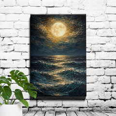Moonlit Ocean Canvas Print Glowing Full Moon Golden Reflections Dark