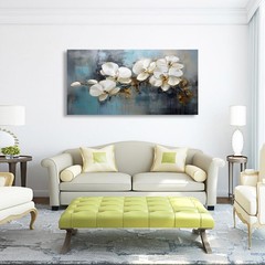 Flower Wall Art Blue Grey Abstract Canvas Painting Prints Art,DIY Framed 24″x48″