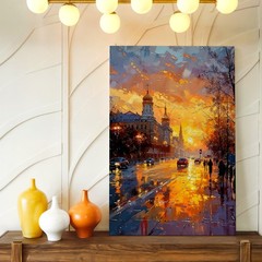 Wall Art City Street Sunset Painting Rainy Urban Landscape Canvas Print Decor