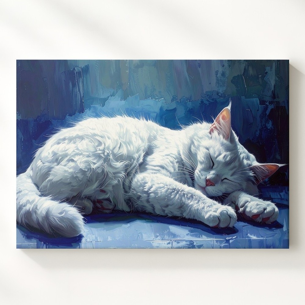 Ethereal White Cat Canvas Tranquil Floating Feline Art In Dreamy Blues In A Wall