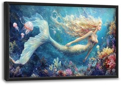Extra Large Framed Mermaid Wall Art,Oversized Undersea Ocean Wall Decor,Color…