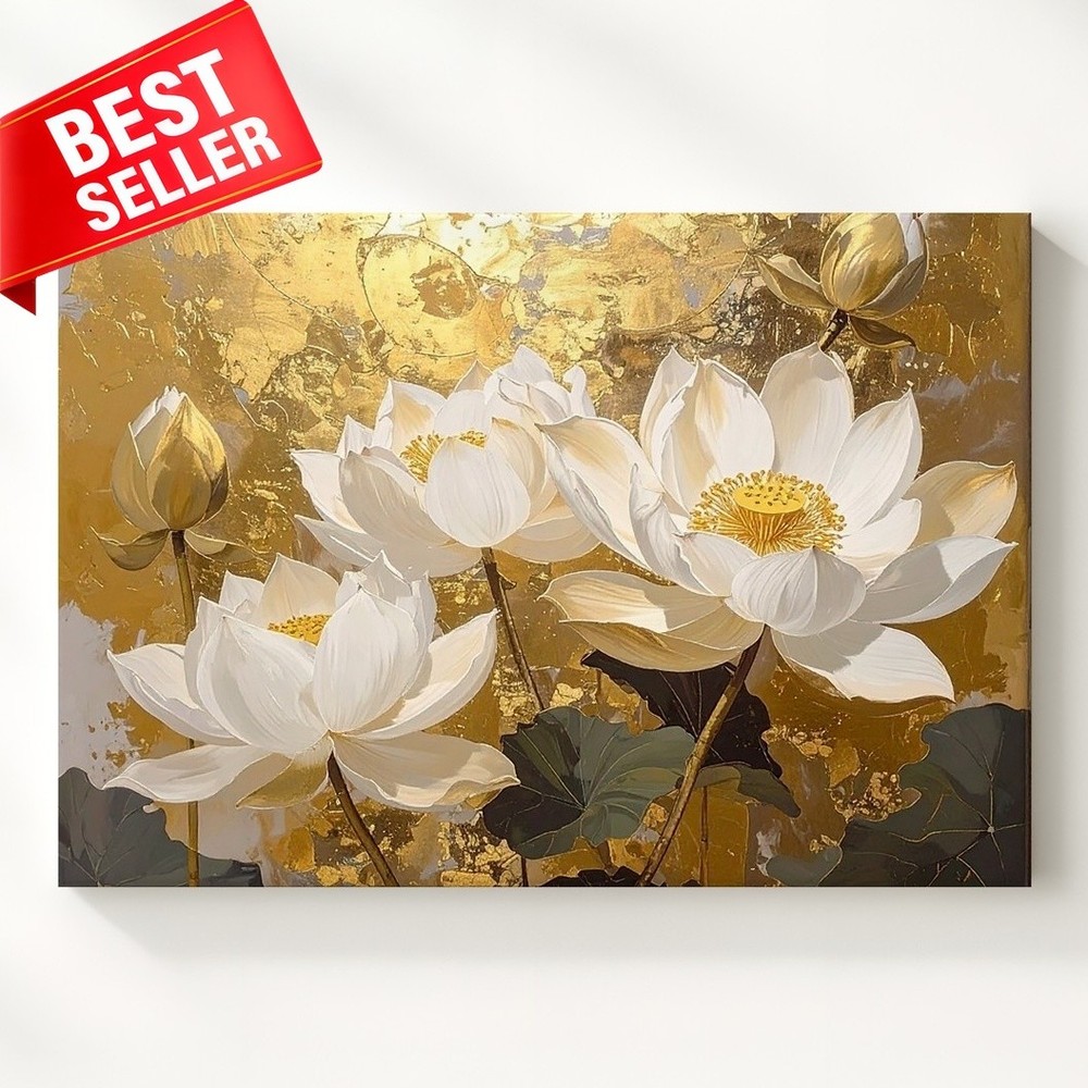 White Flowers Serene Golden Canvas Lotus Elegance Refined Sacred Calm Wall Art