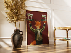 Fox Waiter Art Poster – Stylish Animal With Wine – Unique Kitchen Wall Decor