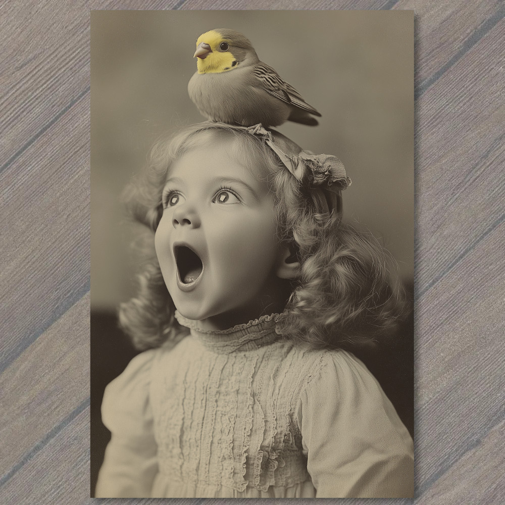 Art Print Girl Smiling Bird Joyful Cute Nostalgic Charming Retro Style Whimsica