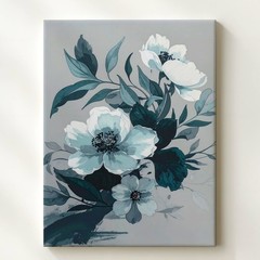 Modern Floral Watercolor Canvas Soft White Flowers & Teal Leaves Capture The