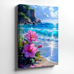 Wall Art Coastal Beach Seascape Pink Flowers Ocean Waves Cliff Canvas Print