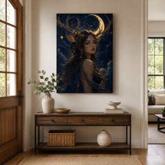 Celestial Deer Girl Canvas Wall Art Moon Goddess Fantasy Portrait Navy Gold Wall