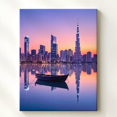 Minimalist Sunset City Skyline Canvas Reflections And Rowboat On Calm Water Wall