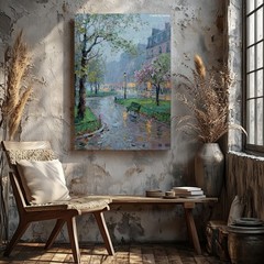 Impressionist City Park Canvas Art Rainy Day Urban Landscape Wall Decor Print
