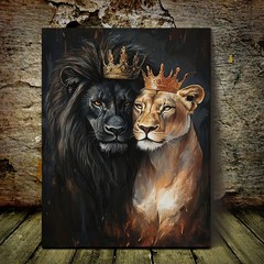 King and Queen Lions with Crowns Canvas Wall Art, Majestic Wildlife Home Decor