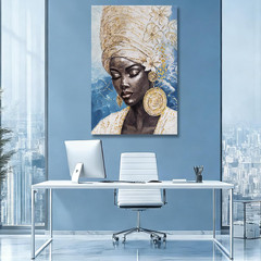 Blue Gold Black Woman Canvas Art – 32×48″ Modern Portrait for Home & Office