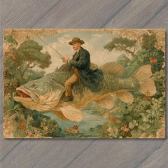 Art Print Man Fishing While Riding Giant Bass Forest River Surreal Humor Retro