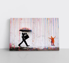 Banksy Colorful Rain Happy Girl Painting Print on Framed Canvas Wall Art