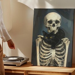 Skeleton With Black Cat Canvas Gothic Companionship & Quiet Halloween Charm Wall