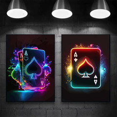 Poker Cards Neon Art Poster Canvas Printing Poker Wall Decor Card Gaming Room Ae