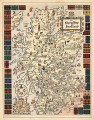 Early Pictorial Story Map Scotland Vignettes Portraits Scottish Poster Vintage