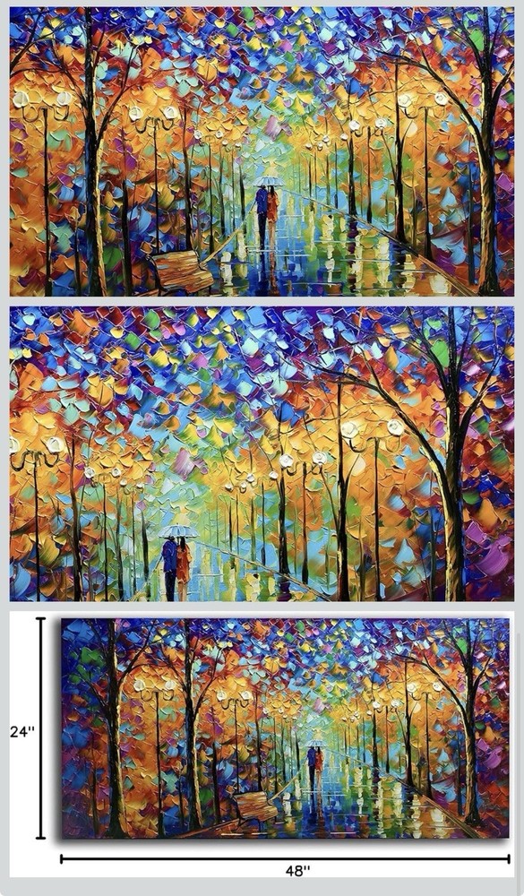 Couple Walking in Park Landscape Painting, Multicolor Horizontal 48 x 24 in