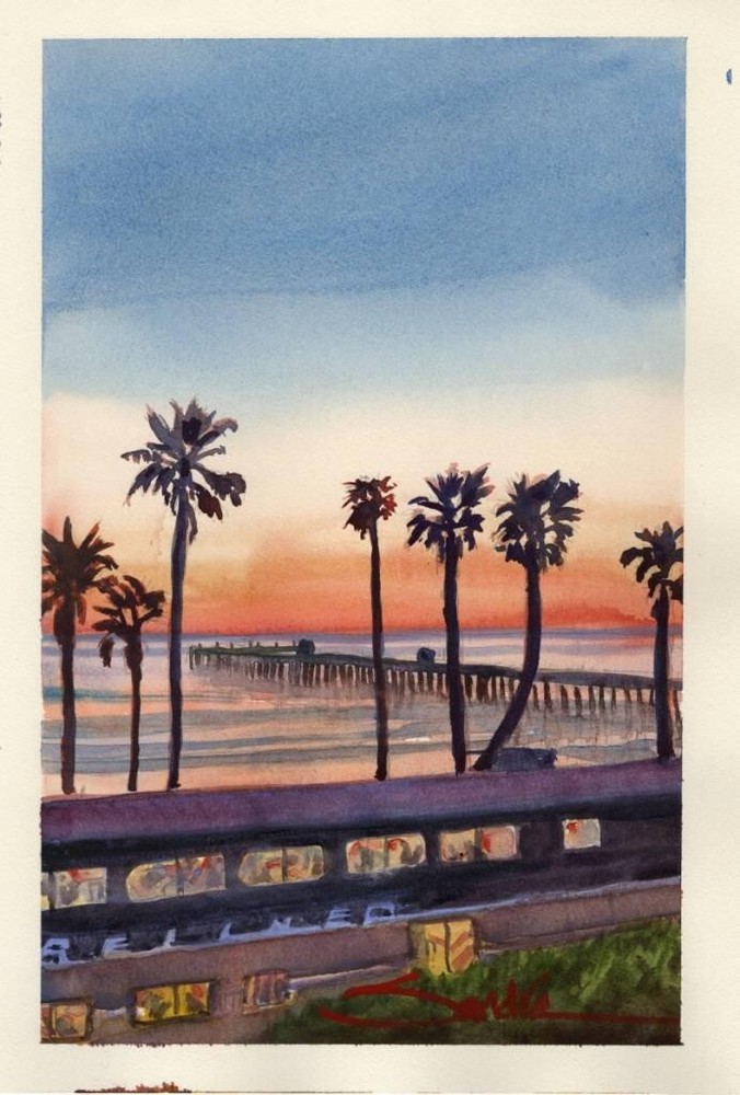 Surfliner Near Pier : SandraWatercolors™ California : Signed Ltd. Edition Print