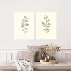 2pcs Garden Style Mint Green Leaf Botanical Beige Wall Art Canvas Unframed