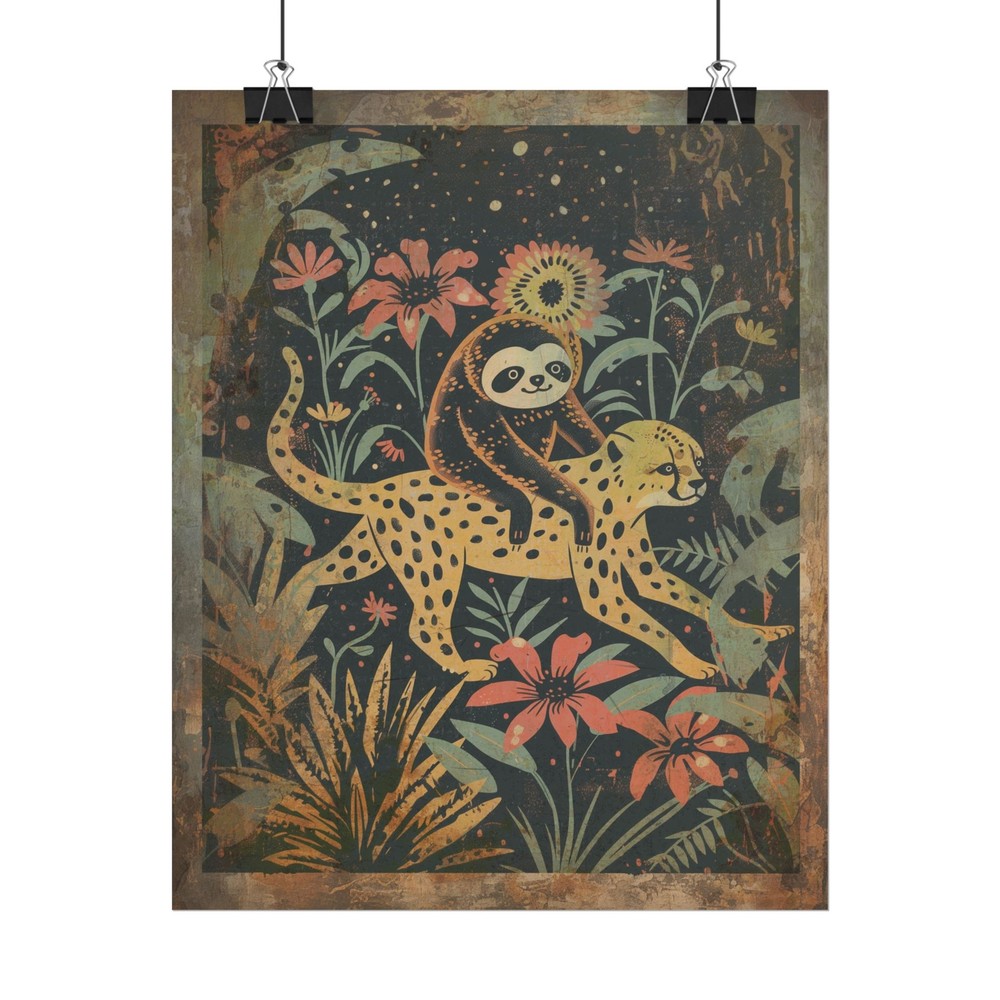 SLOTH CHEETAH Flower Friends Wall Art, Leopard Celestial Poster, Botanical Decor