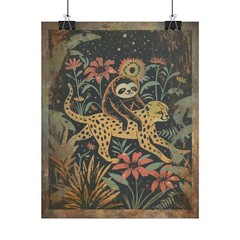 SLOTH CHEETAH Flower Friends Wall Art, Leopard Celestial Poster, Botanical Decor