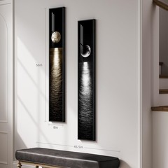 Framed Long Narrow Vertical Moon Wall Art Set of 2, Modern Black White Gold B…