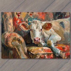 Art Print Cow On Couch Sofa Chair Calf Cute Fun Painting Unusual Country Farm