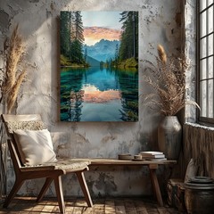 Mountain Landscape Reflected In Clear Lake With Tall Pine Trees Canvas Wall Art
