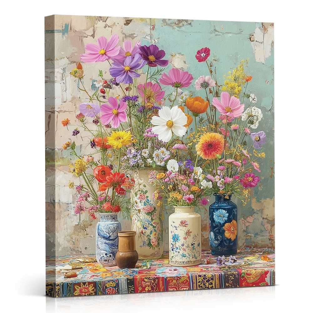Bohemian Wildflower Vase Wall Art, Colorful Boho Floral Printing Artwork, Aes…