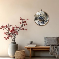 Vintage Blueberry Round Wall Art Decor, French Country Canvas Art Framed, Rus…