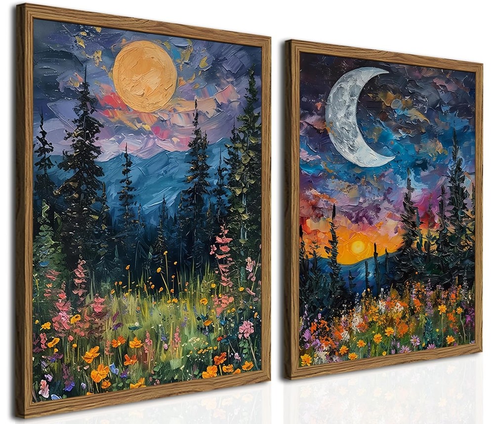 Framed Vintage Forest Moon Wall Art Set of 2, Midnight Mountain Forest Wildfl…