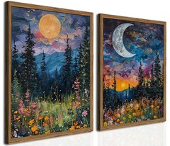 Framed Vintage Forest Moon Wall Art Set of 2, Midnight Mountain Forest Wildfl…