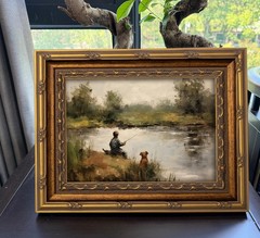 Vintage Gold Framed Boy Fishing Oil Painting Print 12x16in Farmhouse Art