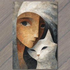 Art Print Cubist Woman White Cat Portrait Abstract Modern Surreal Companion