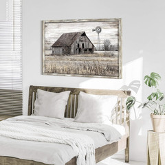 Rustic Farmhouse Wall Art: Vintage Barn & Windmill Framed Picture Decor