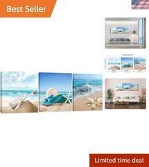 3-Piece Starfish & Seashell Canvas Art – Blue Coastal Elegance for Home