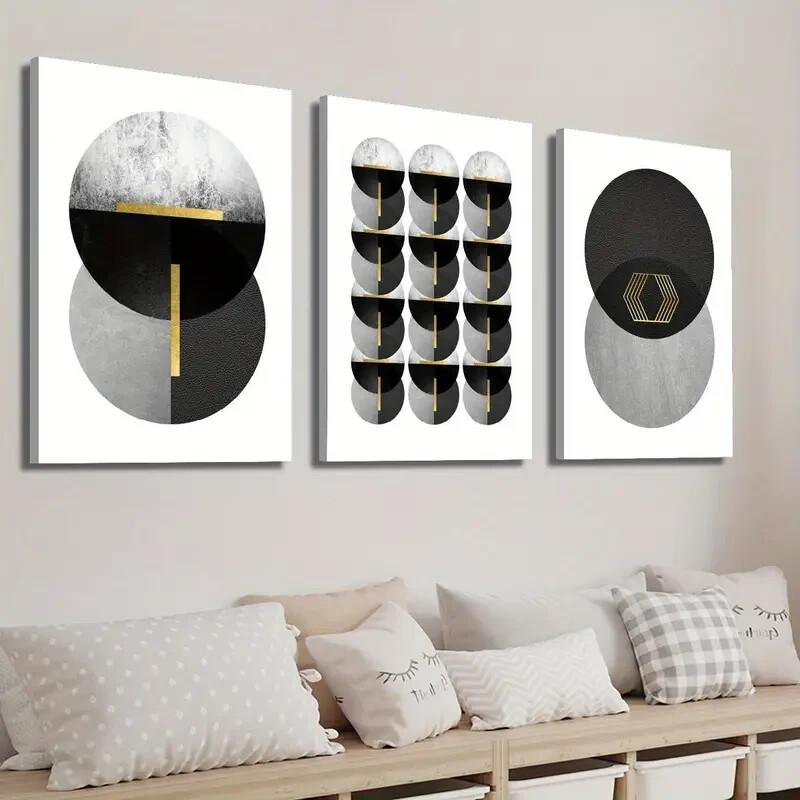 3pcs Black White Gray And Golden Shapes Wall Art Canvas Unframed/Framed