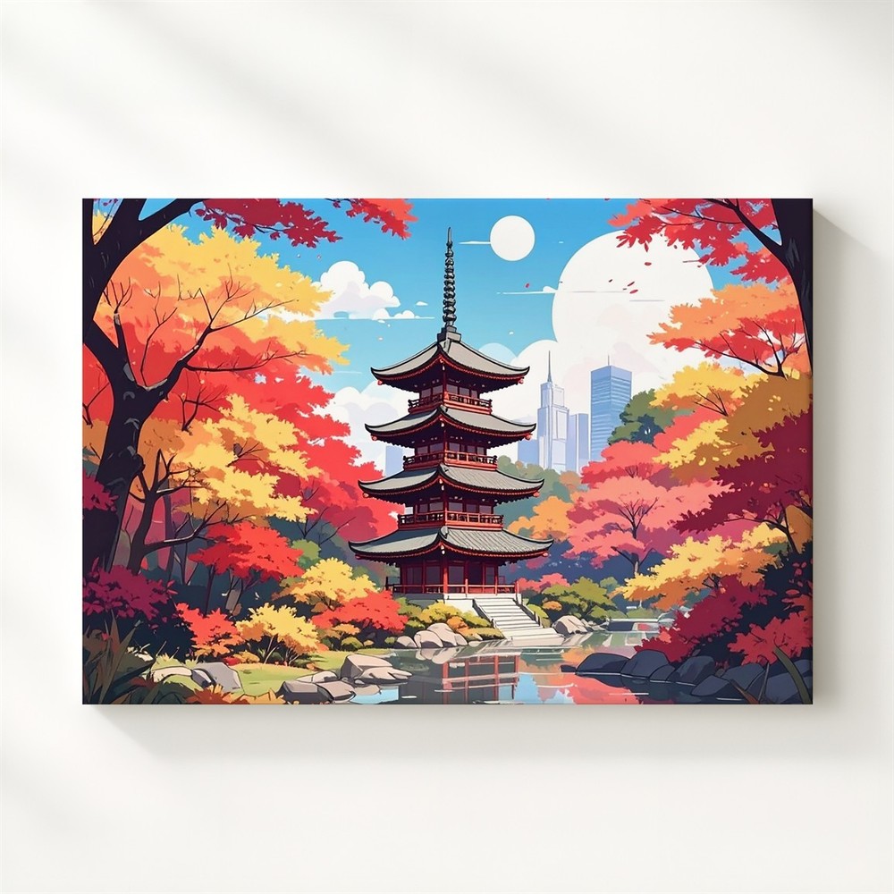 Autumn Pagoda Reflection Canvas Colorful Japanese Fall Landscape Art Wall Art